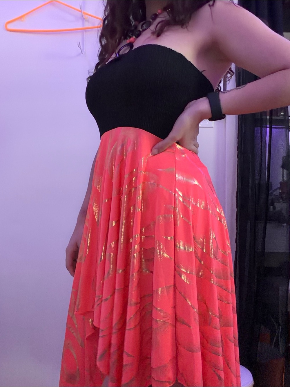 Shoreline Black and Coral Strapless Pleated Dress with Gold Accents